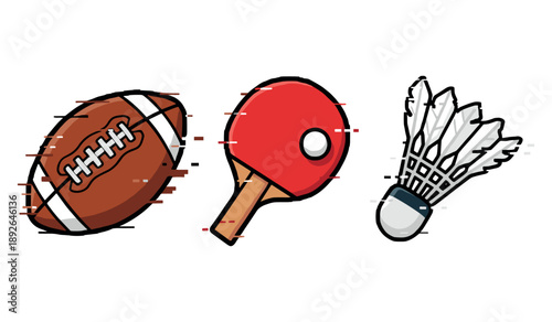 American football, table tennis, and badminton equipment in vector graphic style