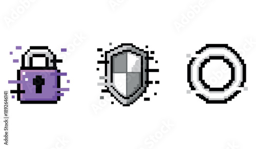 Pixel art icons: purple padlock, shield, circular symbol in motion