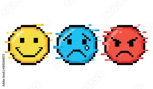 Pixel art emoticons: happy, sad, and angry faces with vibrant colors