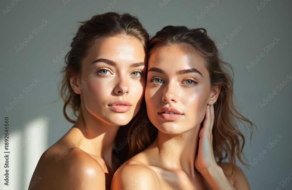 Obraz premium Two attractive young women with clear healthy skin and natural makeup pose together. They have glowing complexions and soft smiles against a neutral gray studio background.