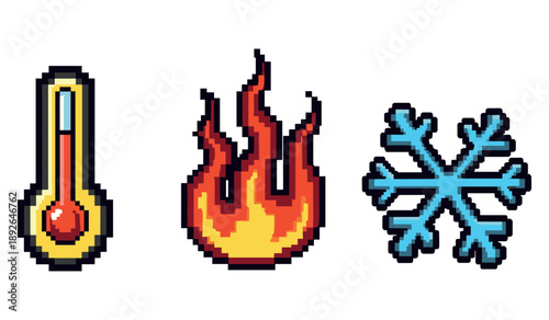 Pixel art thermometer, flame, and snowflake icons representing temperature and elements
