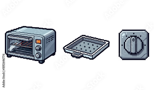 Retro pixel art of toaster oven, baking tray, and control knob in 8-bit style