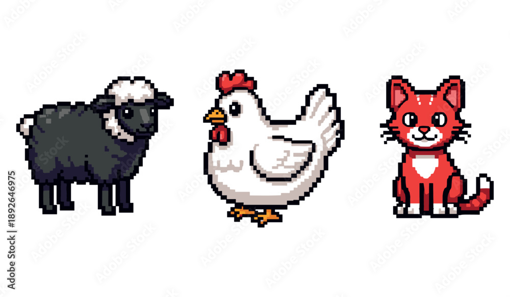 Obraz premium Pixel art trio: sheep, chicken, and cat in cute retro style