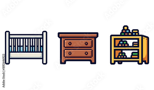 Baby crib, wooden dresser, and toy shelf icons set