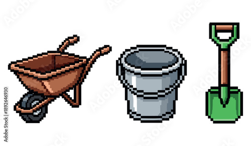 Pixel art gardening tools: wheelbarrow, bucket, and shovel
