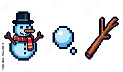 Pixel art snowman with hat scarf, snowballs, and stick