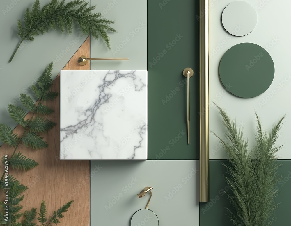 Fototapeta premium Flat lay arrangement with marble tile wood board and greenery. Gold hardware accents and color samples create sophisticated interior design mood board.