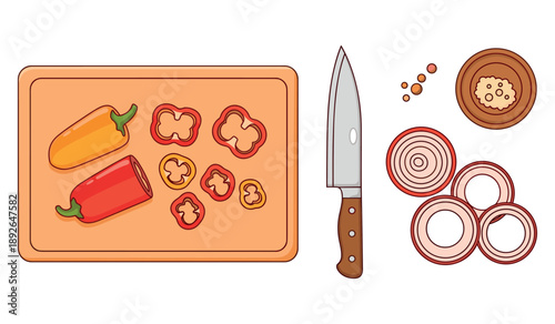 Sliced bell peppers and onions on cutting board with knife