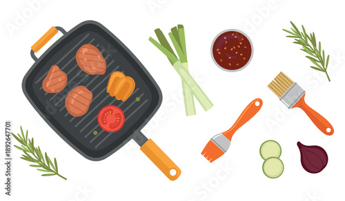 Vegetables and chicken grilling on pan with seasoning and sauces