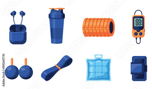 Essential fitness equipment: earbuds, shaker, foam roller, jump rope, and more