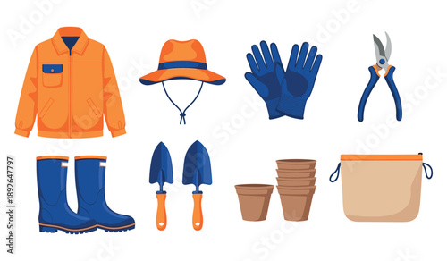 Gardening tools and clothing set: jacket, hat, gloves, pruners, boots, trowels, pots, bag