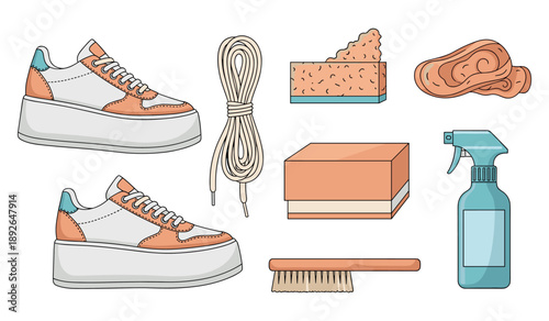 Sneaker cleaning kit with shoes, laces, brush, sponge, and cleaner spray