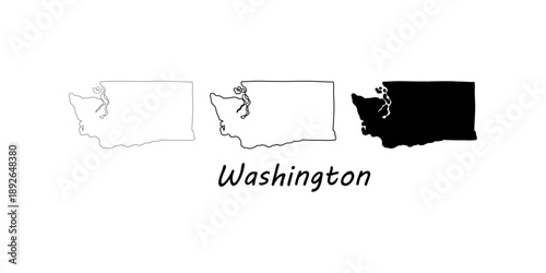 Tableau sur toile Minimalist vector illustration of Washington state map in three styles: outline, stroke, and solid fill, with Washington text label, monochromatic design