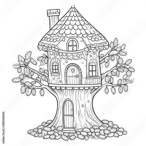 Whimsical treehouse with arched windows, chimney, and decorative details, in grayscale