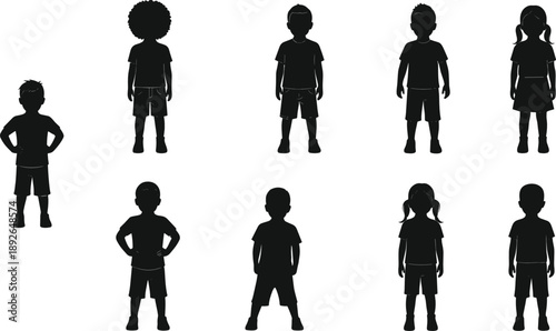 Kids silhouette characters set with different poses, boys and girls shadow figures, children standing vector illustration collection