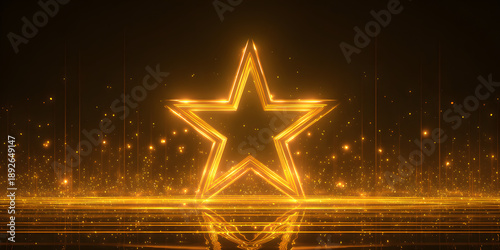 Glowing golden star outline shines brilliantly against a dark backdrop, accompanied by sparkling particle effects and reflections, creating an elegant and celebratory atmosphere
