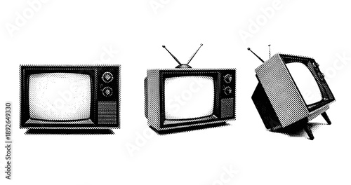 Set of vintage televisions with antennas in halftone style