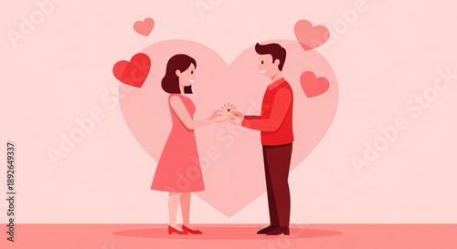 Man proposing to woman with engagement ring romantic couple in love Valentines Day concept flat vector illustration with hearts