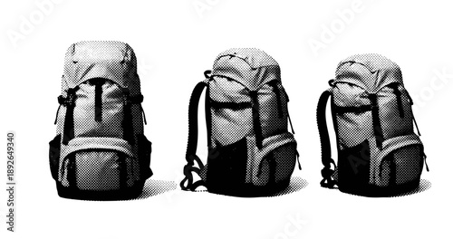 Three vintage backpacks in halftone style