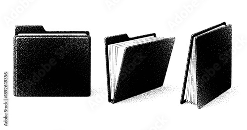 Monochrome black file folders in various angles on white background