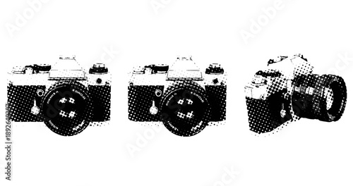 Vintage camera trio: halftone illustration in black and white