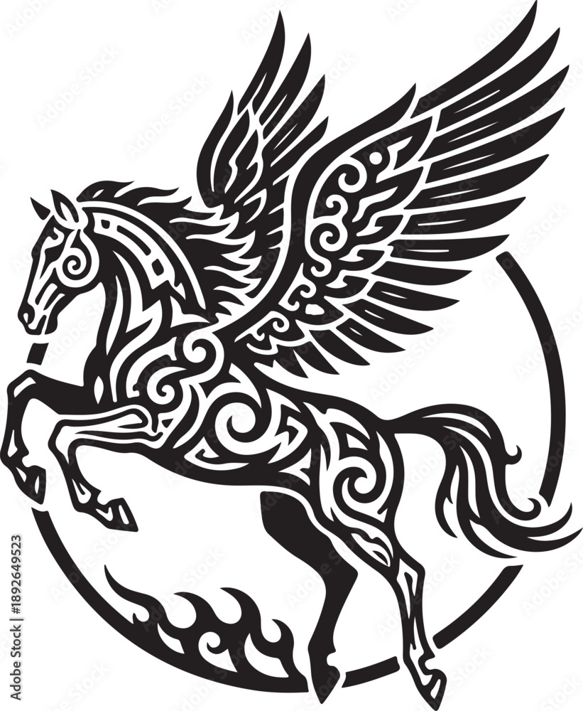 Obraz premium Majestic tribal winged horse in a dynamic rearing pose, showcasing intricate patterns