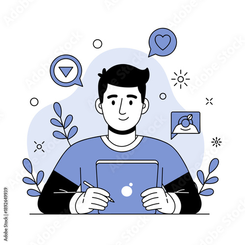 Illustration of young caucasian male using tablet with social media icons