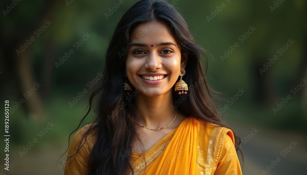 Fototapeta premium Young Indian woman wears yellow saree and jhumka earrings, smiles broadly. She has dark long hair, fair skin, and a bindi on her forehead. Outdoors setting with blurred green foliage.