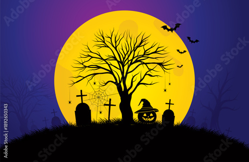 A Creepy Graveyard Halloween Background Scene With Graves, Evil Pumpkins on Trees, And Spooky Moonlit Sky
