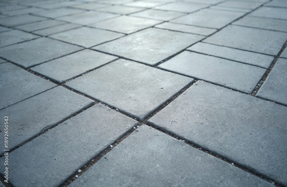 Fototapeta premium Gray concrete pavers form a modern pathway pattern. Rectangular stone blocks create a textured ground surface for city streets or urban walkways. This paving provides a clean, durable outdoor floor.