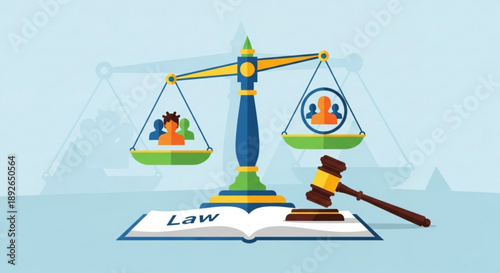 Scales of justice balancing diverse people icons symbolizing fairness and equality with a gavel and open law book flat vector illustration for legal concepts