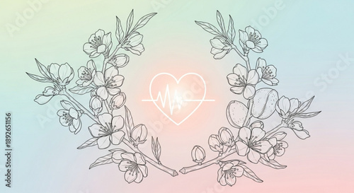 Heartbeat floral wreath with blooming flowers and leaves on pastel background