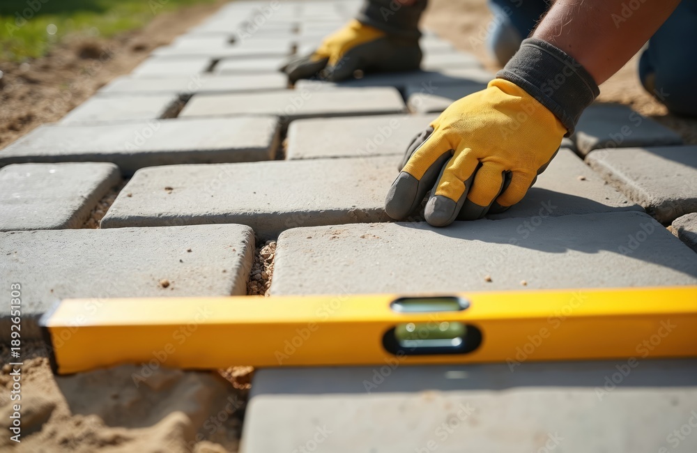 Fototapeta premium Gardener places paving stones on sand base for patio construction. Worker checks stone level with spirit level tool, building garden path. Outdoor DIY home improvement project with concrete blocks.