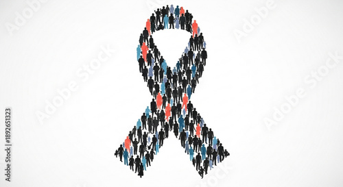 Awareness ribbon formed by a diverse group of people symbolizing unity and support for a cause isolated on a white background