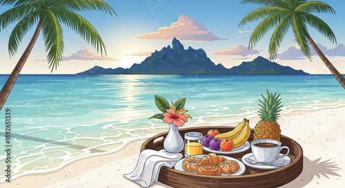 Tropical beach breakfast setup with palm trees fruit and coffee on a wooden tray by the ocean
