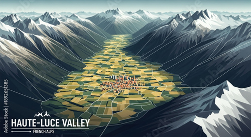 Aerial view of haute luce valley france with patchwork fields and snow capped mountains
