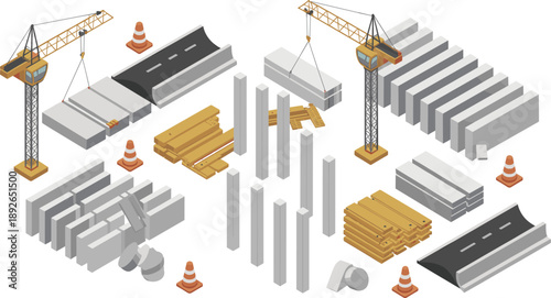 Isometric construction site with cranes concrete columns road elements, industrial building materials, modern infrastructure engineering illustration isolated on white background