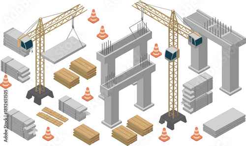 Isometric construction site with cranes concrete beams materials, industrial building infrastructure elements, modern engineering process illustration isolated on white background