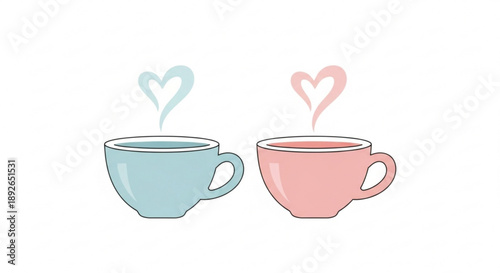 Two pastel colored coffee cups with heart steam on white background symbolizing love and friendship over a warm beverage