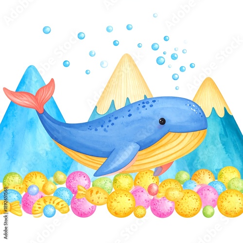 Whimsical watercolor illustration of a blue whale, mountains, bubbles, and colorful candies