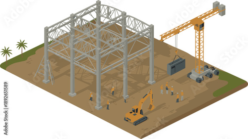 Isometric construction site with steel framework building crane workers excavator, industrial development, civil engineering project illustration isolated on white background