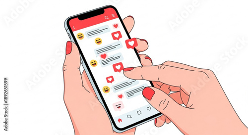 Woman's hands holding smartphone with social media feed on screen interacting with red heart likes