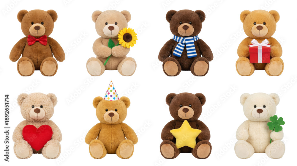 Fototapeta premium Teddy Bear Collection Set Featuring Heart Gift Flower Star Scarf Soft Realistic Plush Toy Style