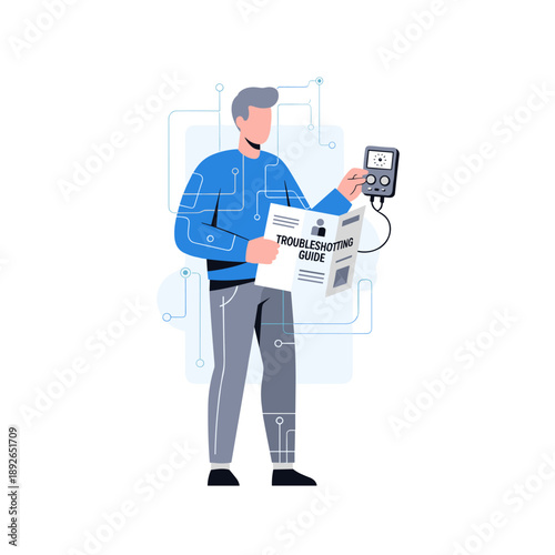 Male engineer troubleshooting device with guide in hand