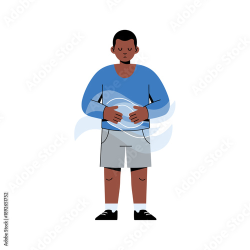 Young african male experiencing stomach pain with illustrative wave symbol