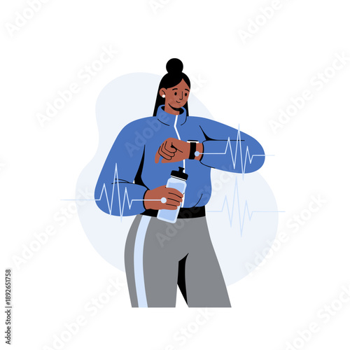 African female adult checking smartwatch fitness health tracker while holding water bottle