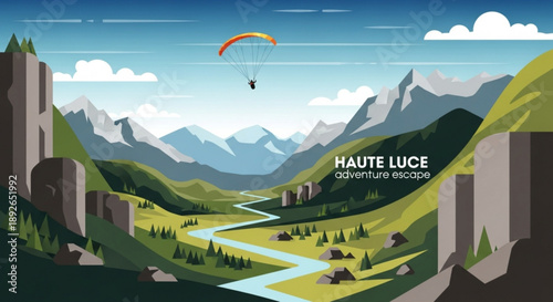 Paraglider soaring over mountains and river landscape with green hills