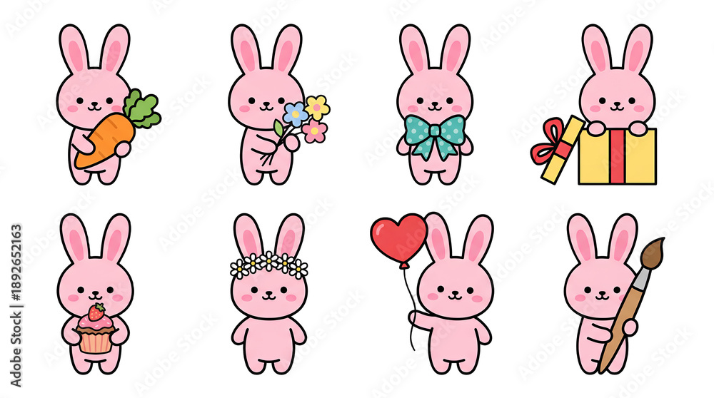 Obraz premium Pink Kawaii Bunny Characters Set with Carrot Flowers Gift Cupcake Heart Design Bold Outlines