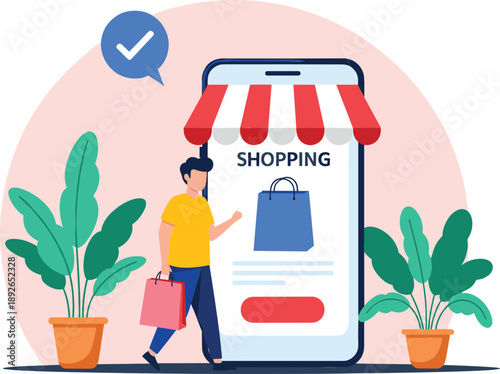 Modern online shopping illustration with mobile store, customer holding bags, ecommerce concept, and digital purchase design