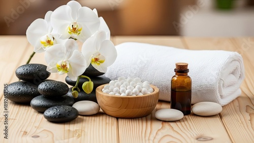 A serene spa setup with orchids and stones on a wooden table